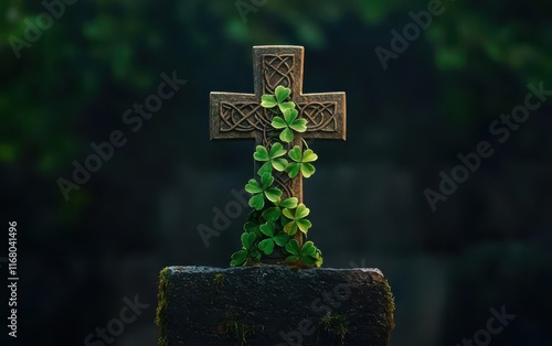 shamrocks symbol concept. An artistic representation of glowing shamrocks wrapped around a Celtic cross, symbolizing faith and heritage, shamrocks symbol Irish heritage, conceptual sacred imagery photo