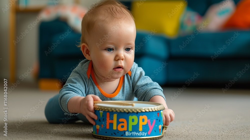 A cute baby boy with light brown hair exploring a colorful birthday cake surrounded by soft toys in a bright, cozy living room. A cute baby boy with light brown hair exploring a colorful birthday cake surrounded by soft toys in a bright, cozy living room.