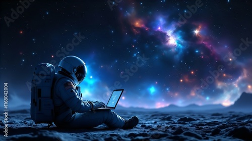 Solitary Astronaut Working on Laptop Amidst a Cosmic Nebula, a Digital Painting