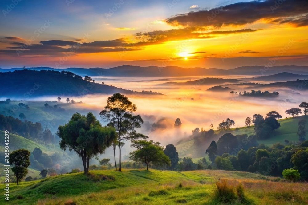 Obraz premium African dawn paints the foggy landscape; high DOF captures the misty hills and tree silhouettes.