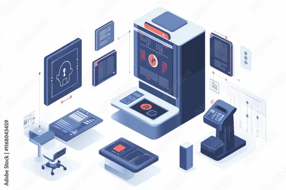 Isometric illustration of a futuristic digital workspace. Isometric illustration of a futuristic digital workspace.