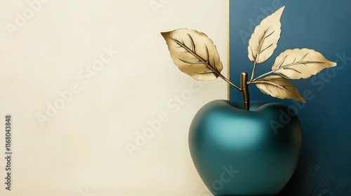 A smooth matte teal apple with gold metallic leaves and a dark, slender stem.  photo