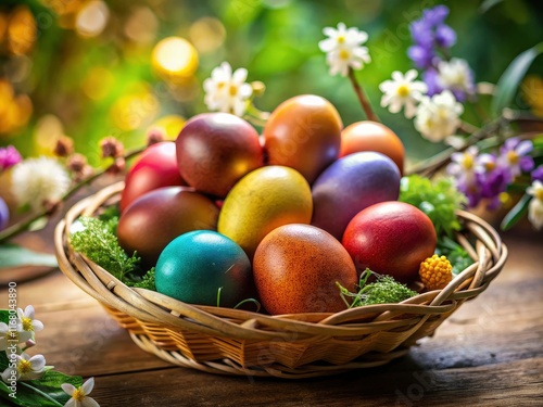 Eight colorful eggs, sharply focused, celebrate springtime's arrival in a cheerful Easter basket.