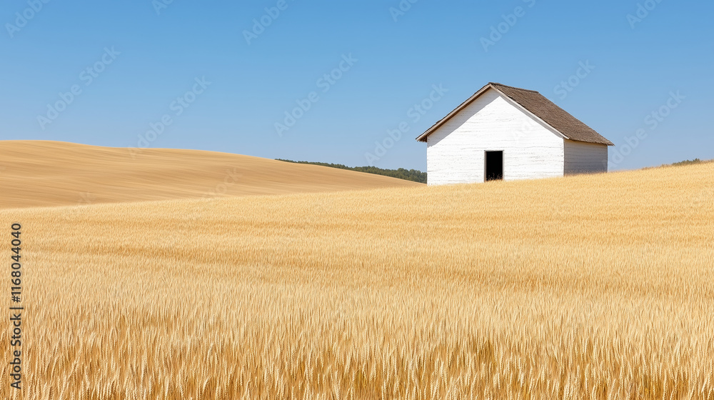 serene white house stands in golden wheat field under clear blue sky serene white house stands in golden wheat field under clear blue sky