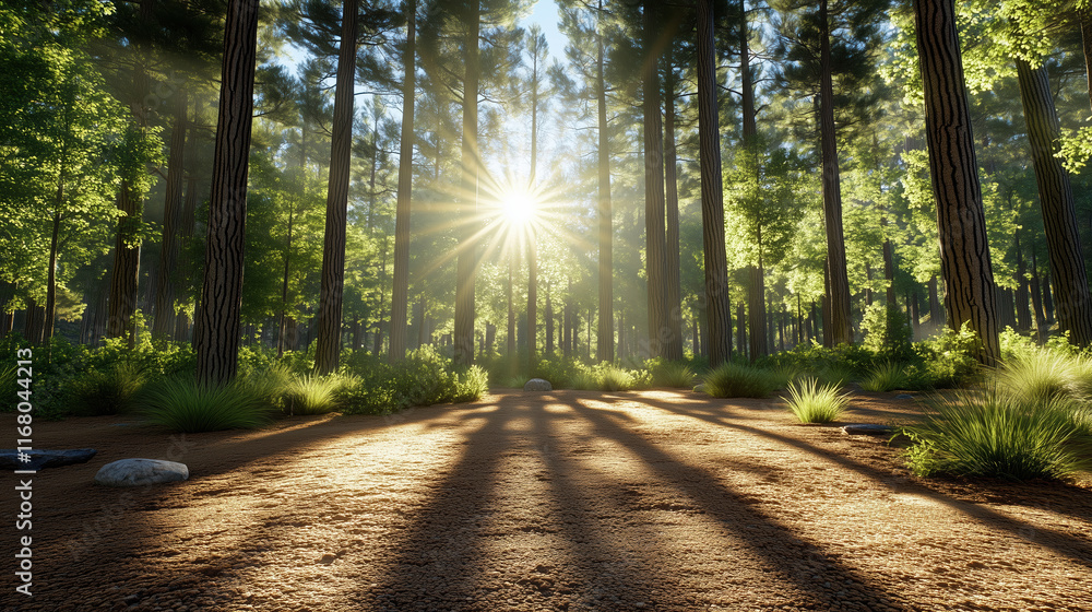 Fototapeta premium serene forest clearing with sunlight filtering through trees, creating shadows