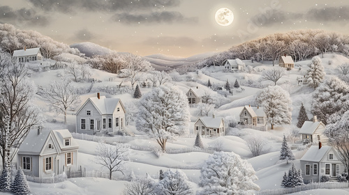 Wallpaper Mural A winter wonderland cutout paper art depicting houses in the snow, trees, and hills with white houses and snow-covered fields. A full moon shines above, set against a soft, grey sky. Torontodigital.ca