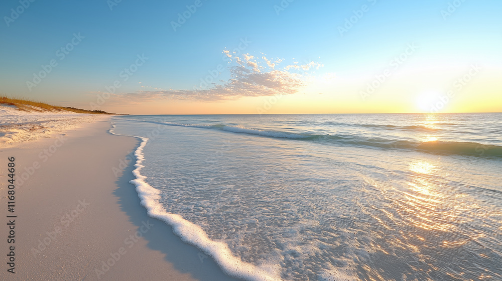 serene beach at sunset with gentle waves and soft sand serene beach at sunset with gentle waves and soft sand