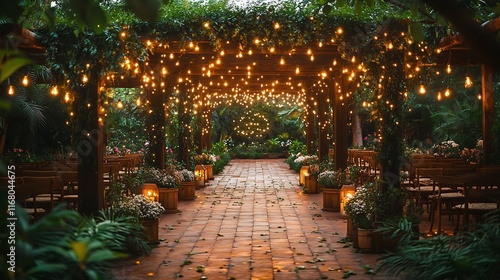 Spacious outdoorinspired wedding hall with greenery fairy lights hanging from trees and elegant seating arrangements for a gardenstyle ceremony