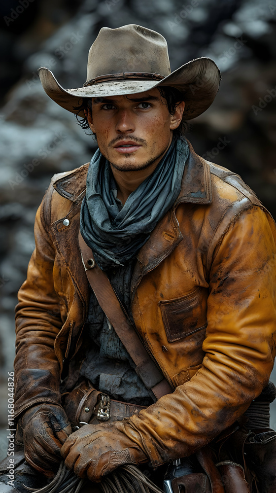 Obraz premium A handsome cowboy in a weathered leather jacket and hat sits astride a horse.