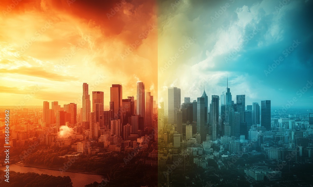 Fototapeta premium City skyline split, warm and cool tones.
