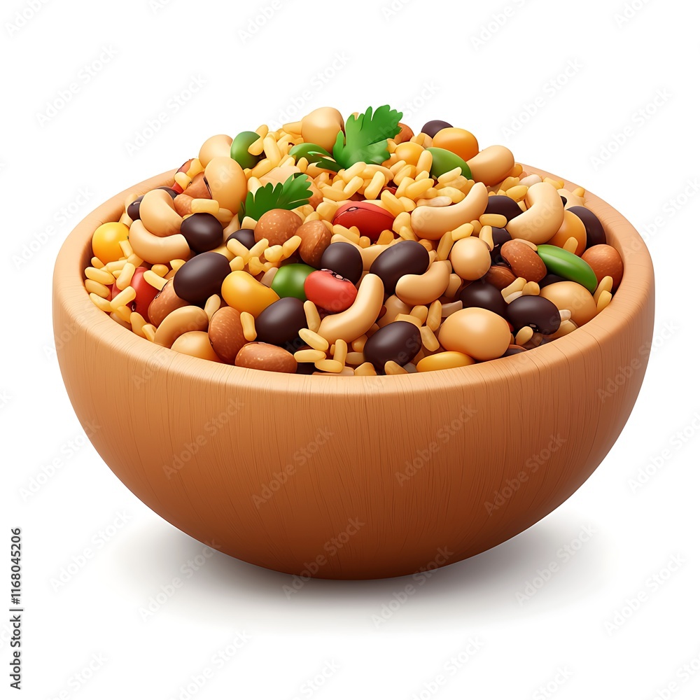 A wooden bowl brimming with a vibrant mix of rice, beans, and nuts, garnished with fresh parsley. A wooden bowl brimming with a vibrant mix of rice, beans, and nuts, garnished with fresh parsley.