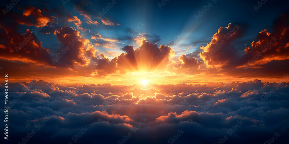 Fototapeta premium Vibrant sunset over a sea of clouds, sun rays breaking through.