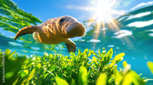 serene underwater scene featuring dugong swimming gracefully among vibrant seagrass, illuminated by sunlight filtering through water surface photo