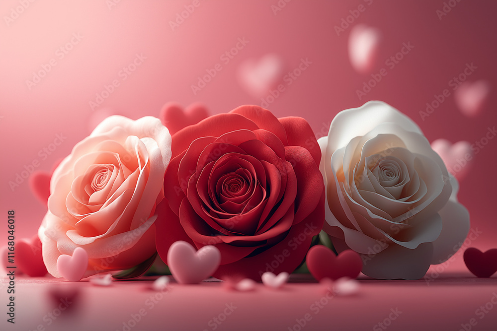 Bright and captivating Valentine’s Day advertisement featuring a stunning bouquet of vibrant roses in red, pink, and white. Bright and captivating Valentine’s Day advertisement featuring a stunning bouquet of vibrant roses in red, pink, and white.