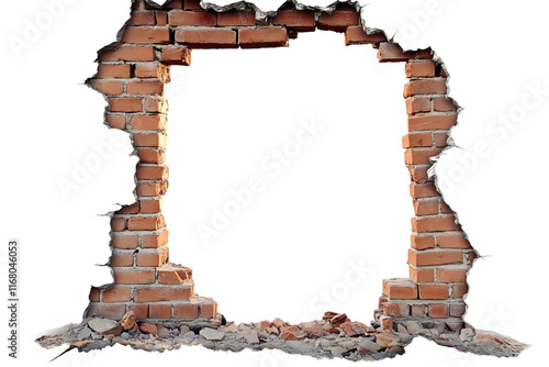 Destroyed wall with a red brick hole in the middle isolated on white background vertical frame grunge frame High quality photo