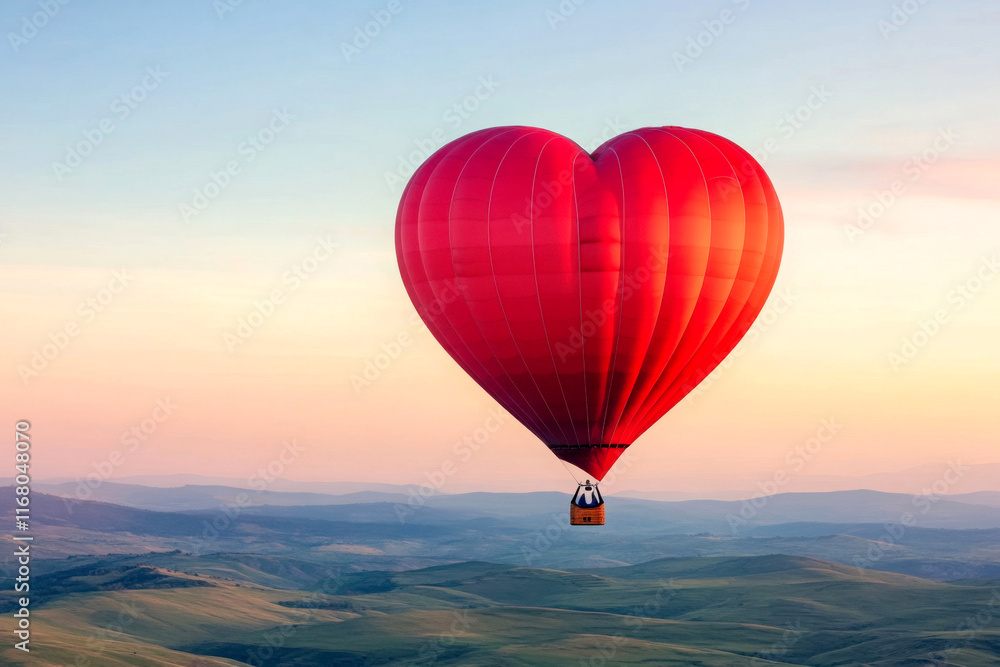 Fototapeta premium A romantic hot air balloon in the shape of a heart floating.