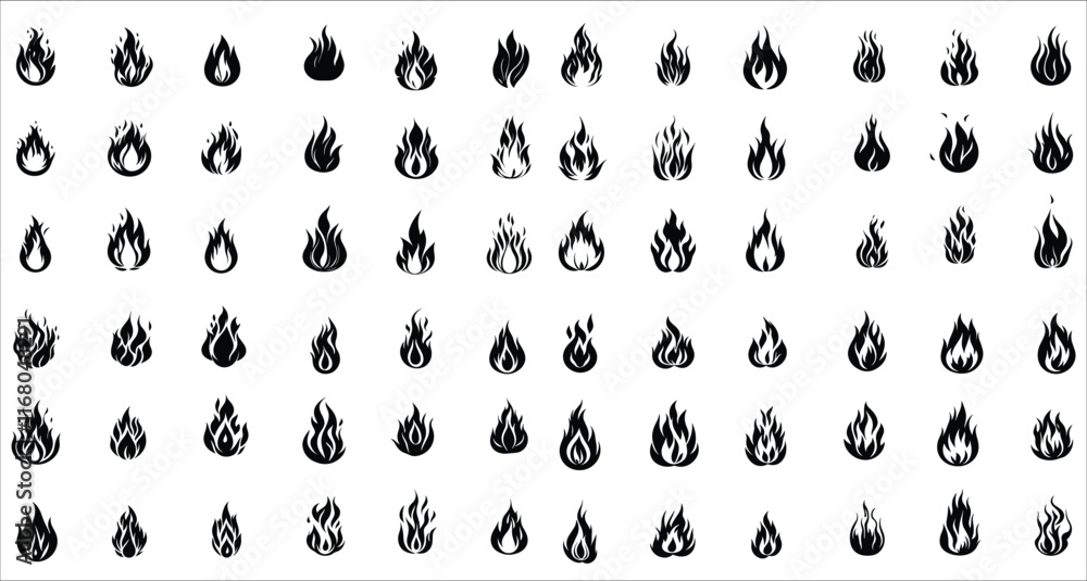 Obraz premium Set of hot fire flame silhouettes vector, Vector icons of fire flames, Abstract fire flame icon set vector, Fire flame silhouettes vector design elements, Abstract fire flame silhouettes