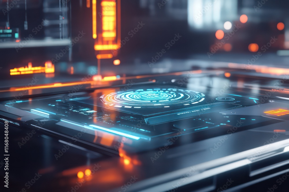 A conceptual design of a glowing fingerprint login interface displayed on a laptop, surrounded by holographic data overlays, with a blurry high-tech background. A conceptual design of a glowing fingerprint login interface displayed on a laptop, surrounded by holographic data overlays, with a blurry high-tech background.