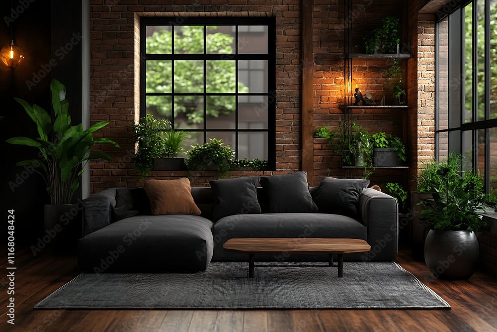Fototapeta premium Industrial-style loft living room with a blurred background and minimalist furniture 