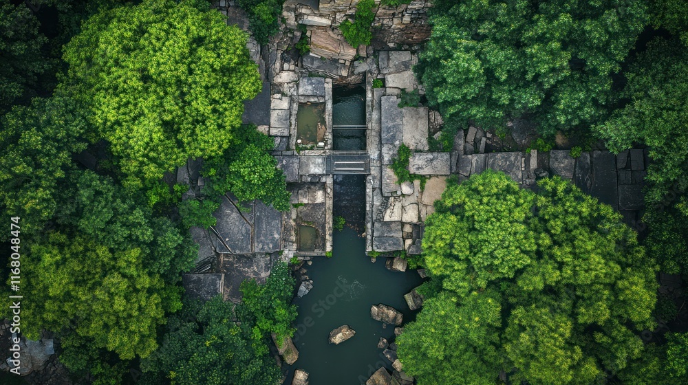 Aerial view of ancient stone structures surrounded by lush greenery and water. Aerial view of ancient stone structures surrounded by lush greenery and water.