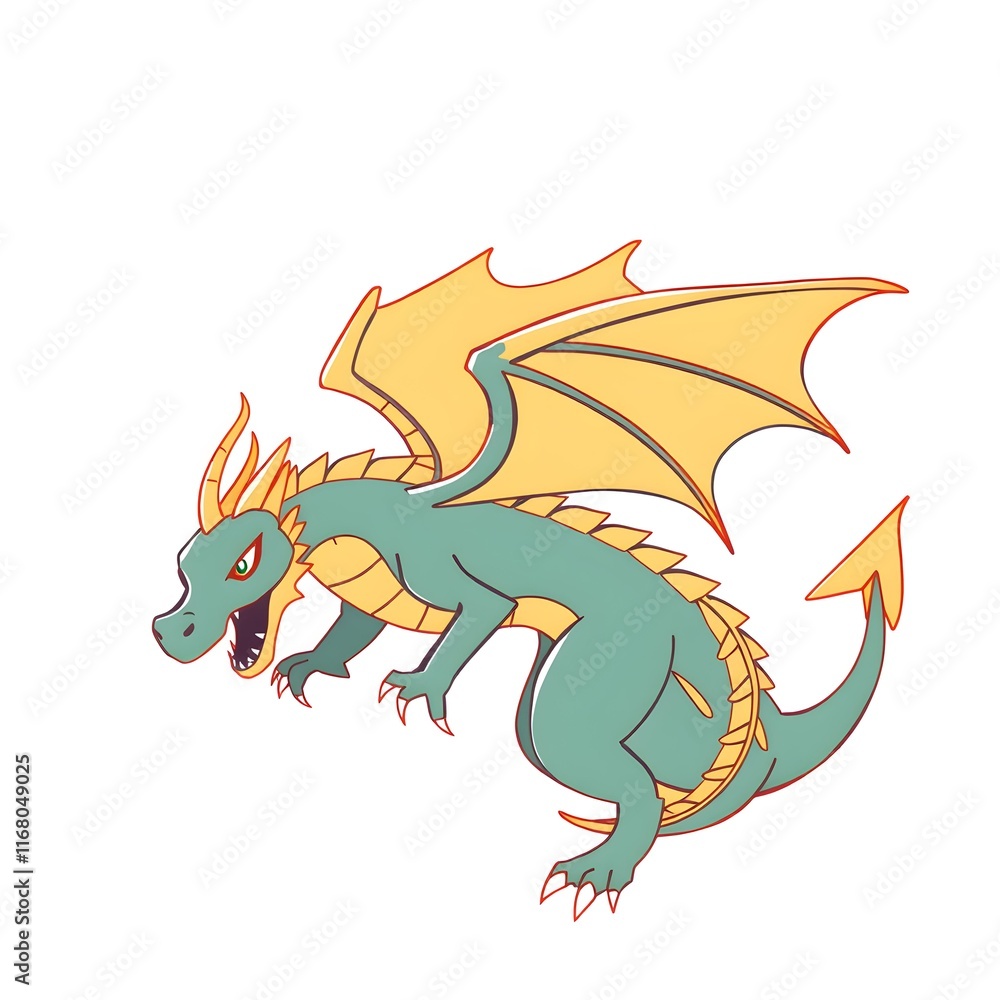 Fototapeta premium Aggressive Green Dragon with Yellow Wings