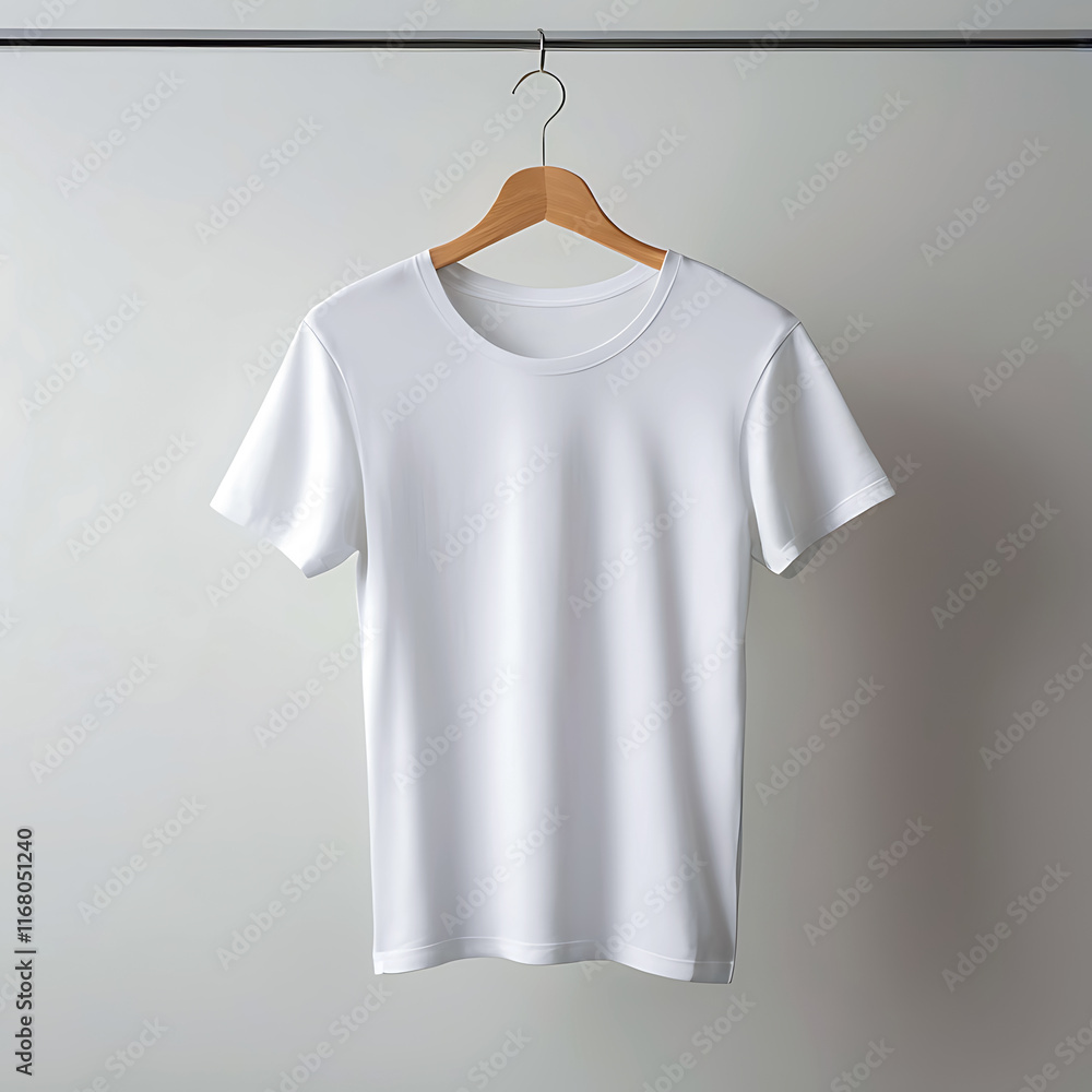 Plain T-Shirt Hanging on a Long Hanger with wall Background. Plain T-Shirt Hanging on a Long Hanger with wall Background.