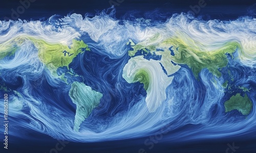 Fototapeta Naklejka Na Ścianę i Meble -  Abstract world map, swirling wind patterns, ocean currents.