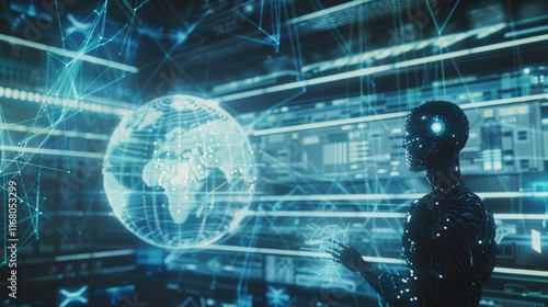 An AI robot with glowing eyes, surrounded by holographic screens and lines of code representing data and AI technology. Ideal for AI, robotics, and tech innovation-themed visuals