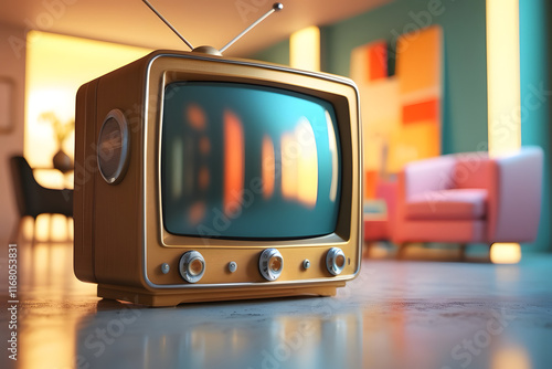 Retrofuturism of classic vintage radio and modern interior room