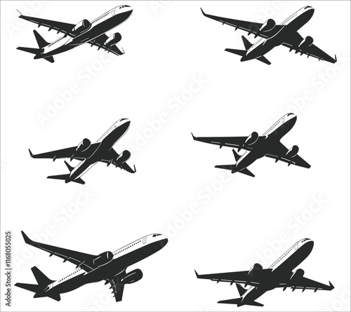 Airplanes silhouettes set. Black aircraft silhouette icons vector. Set of flying airplanes silhouettes vector illustration. Set of airplane silhouettes in vector