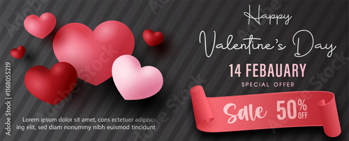 Valentine's day celebration poster advertising design with balloons in  hearts shape flying and ribbon banner, Valentine's day sale wording, example texts on black background.