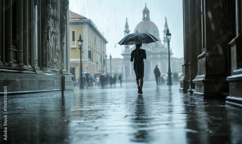 Obraz premium Rainy city street; person with umbrella, walking away.