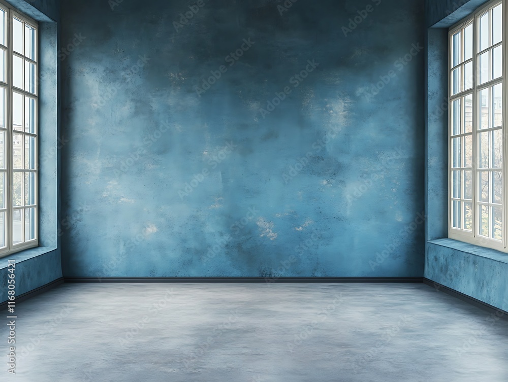 Soft blurred background of an empty room with blue walls and concrete flooring Soft blurred background of an empty room with blue walls and concrete flooring