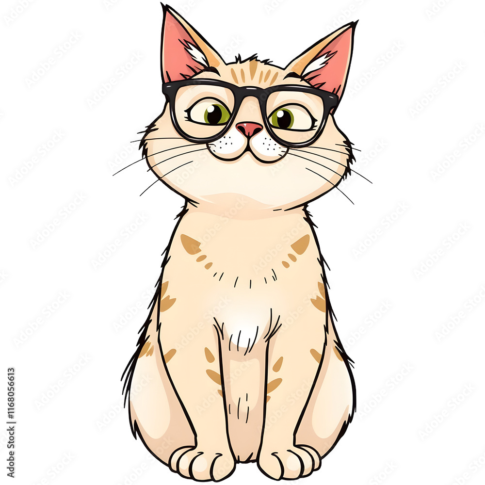 Obraz premium Illustration of A cat sitting upright with a funny expression, wearing glasses. png isolated background. transparent background.