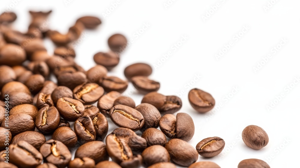 Fresh coffee beans scattered on white surface, showcasing their rich texture and color Fresh coffee beans scattered on white surface, showcasing their rich texture and color