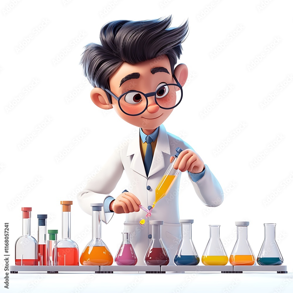 A Cheerful Cartoon Scientist Carefully Conducts an Experiment with Colorful Liquids in a Laboratory Setting. A Cheerful Cartoon Scientist Carefully Conducts an Experiment with Colorful Liquids in a Laboratory Setting.