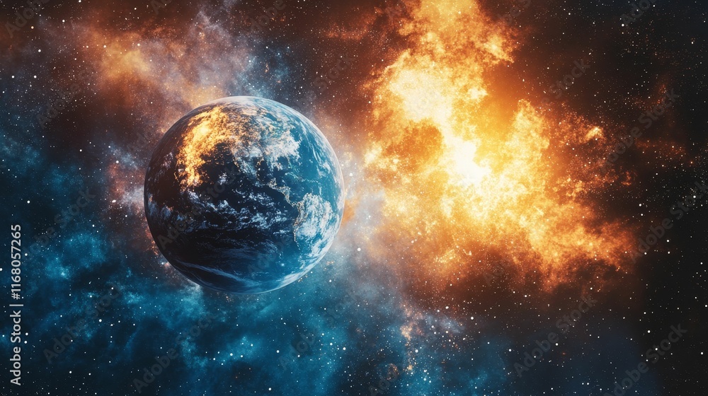 Naklejka premium Planet, fiery nebula, cosmic dust, stars.