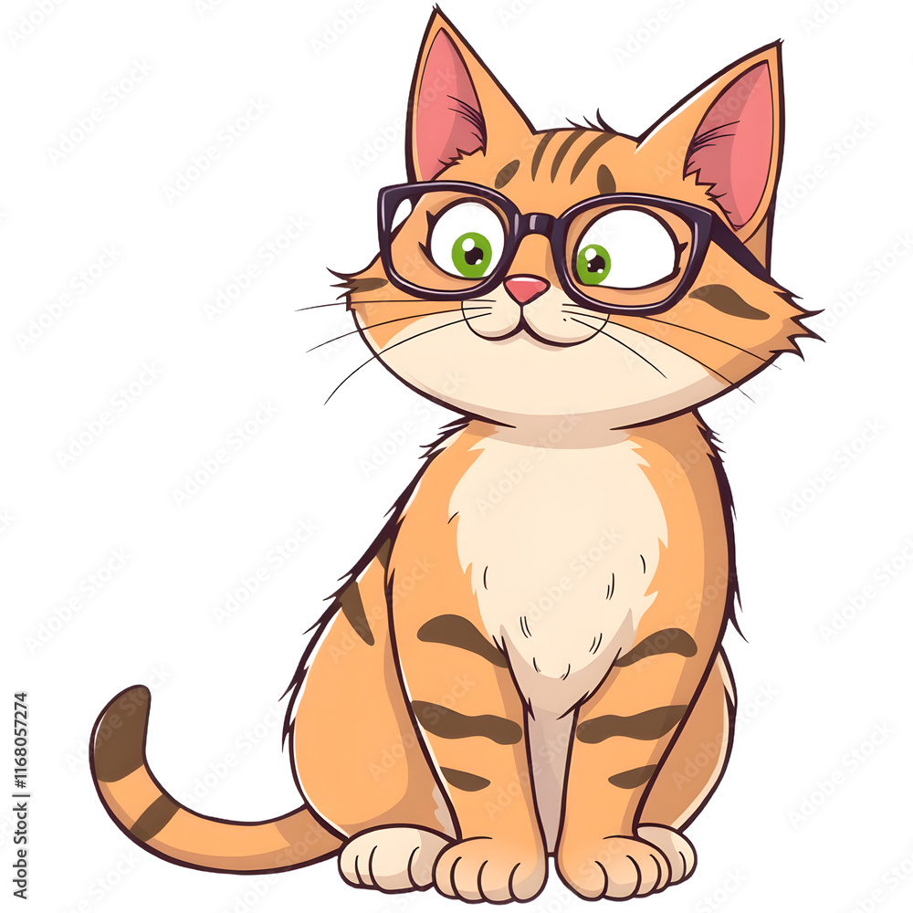 Obraz premium Illustration of A cat sitting upright with a funny expression, wearing glasses. png isolated background. transparent background.