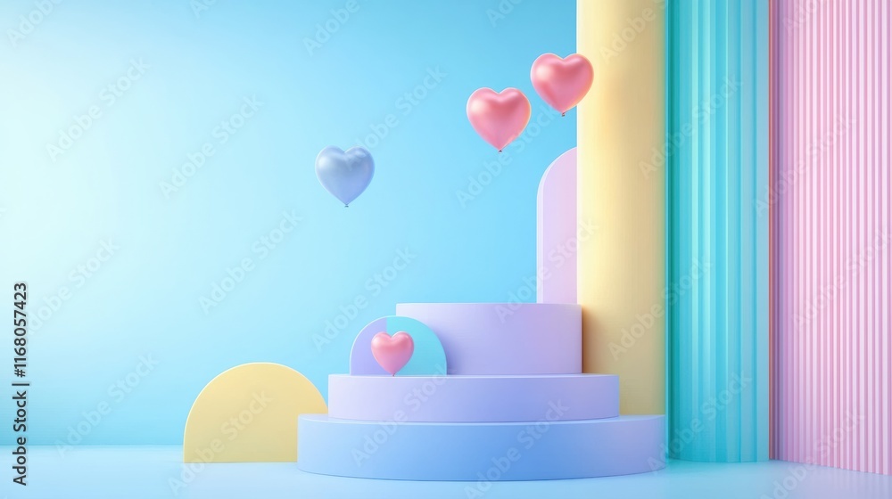 Layered 3D podiums in pastel tones with floating heart balloons create whimsical scene Layered 3D podiums in pastel tones with floating heart balloons create whimsical scene