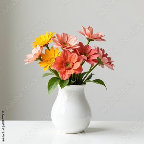 Wallpaper Mural Vibrant flowers placed in a simple white ceramic vase on a clean white surface, simple elegance, modern decor Torontodigital.ca