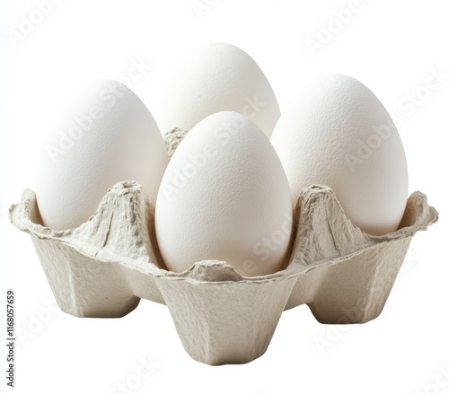 Four white eggs in a light brown cardboard egg carton, isolated on white background. photo