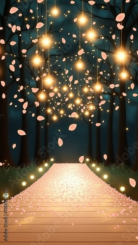 Romantic petal shawers Enchanted pathway illuminated by glowing lights. photo