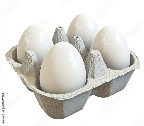 Four white eggs in a gray cardboard carton, isolated on white background. photo