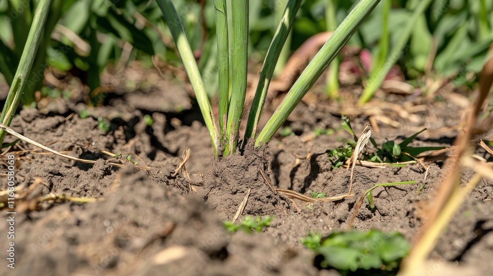 Close-up of green shoots emerging from rich, dark soil. Close-up of green shoots emerging from rich, dark soil.