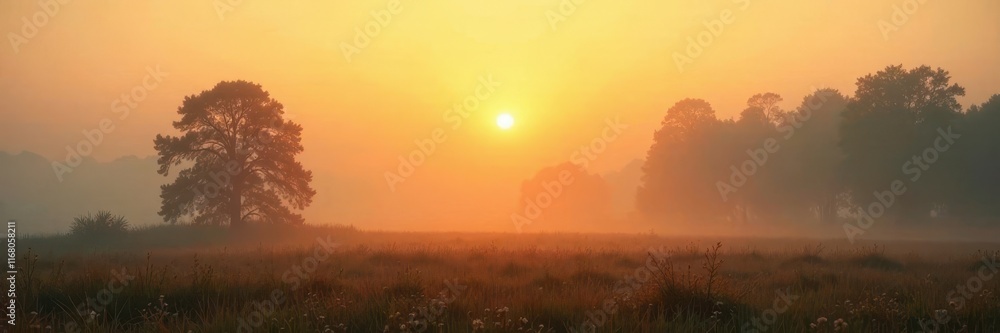 Fototapeta premium warm glow on a misty morning landscape with blurred sky and trees, soft colors blending into warm golden hue, muted colors, nature backdrop, soft pastel hues
