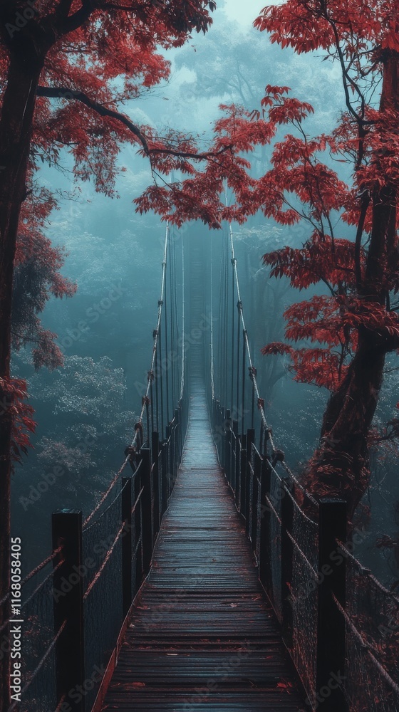 Fototapeta premium Suspension bridge through a foggy forest with red foliage.