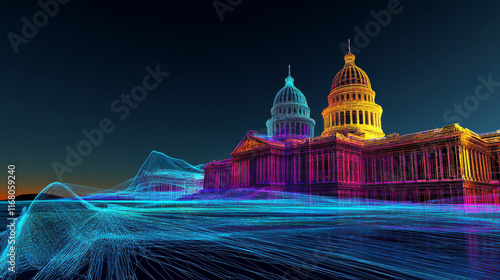 vibrant point cloud representation of historic building, showcasing intricate details in neon colors against dark sky. artistic visualization highlights architectural features beautifully