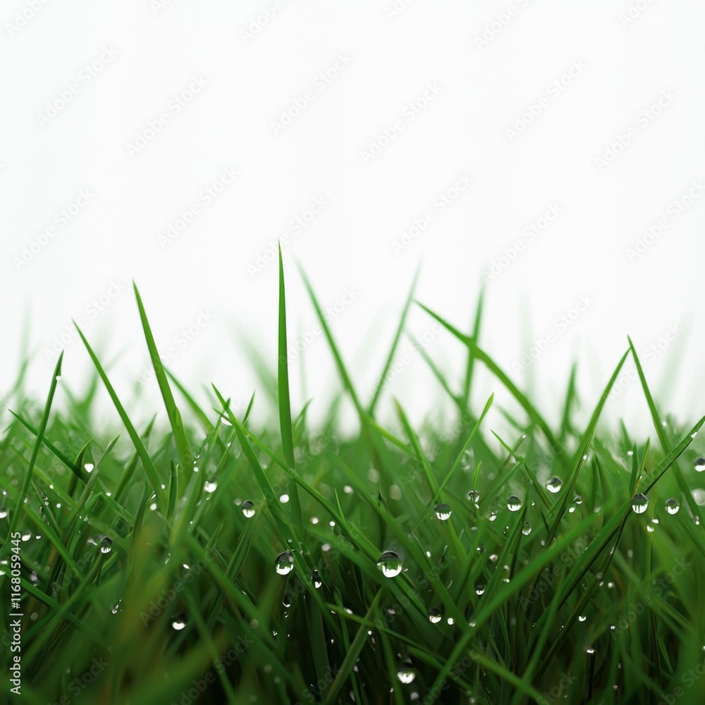 Fototapeta premium Close-up View of Dew-Covered Green Grass Blades in a Beautiful Natural Outdoor Setting