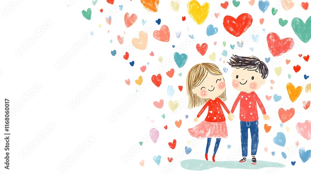 Cartoon couple Valentine's card Valentines Day card with a cute cartoon couple holding hands, playful heart patterns, bright and cheerful colors Cartoon couple Valentine's card Valentines Day card with a cute cartoon couple holding hands, playful heart patterns, bright and cheerful colors