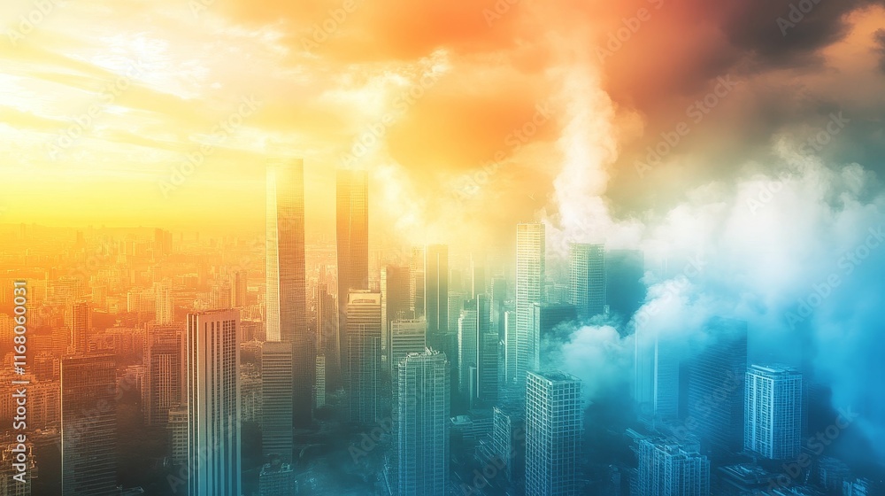Sky-high city skyline, sunset, clouds, colorful. Sky-high city skyline, sunset, clouds, colorful.